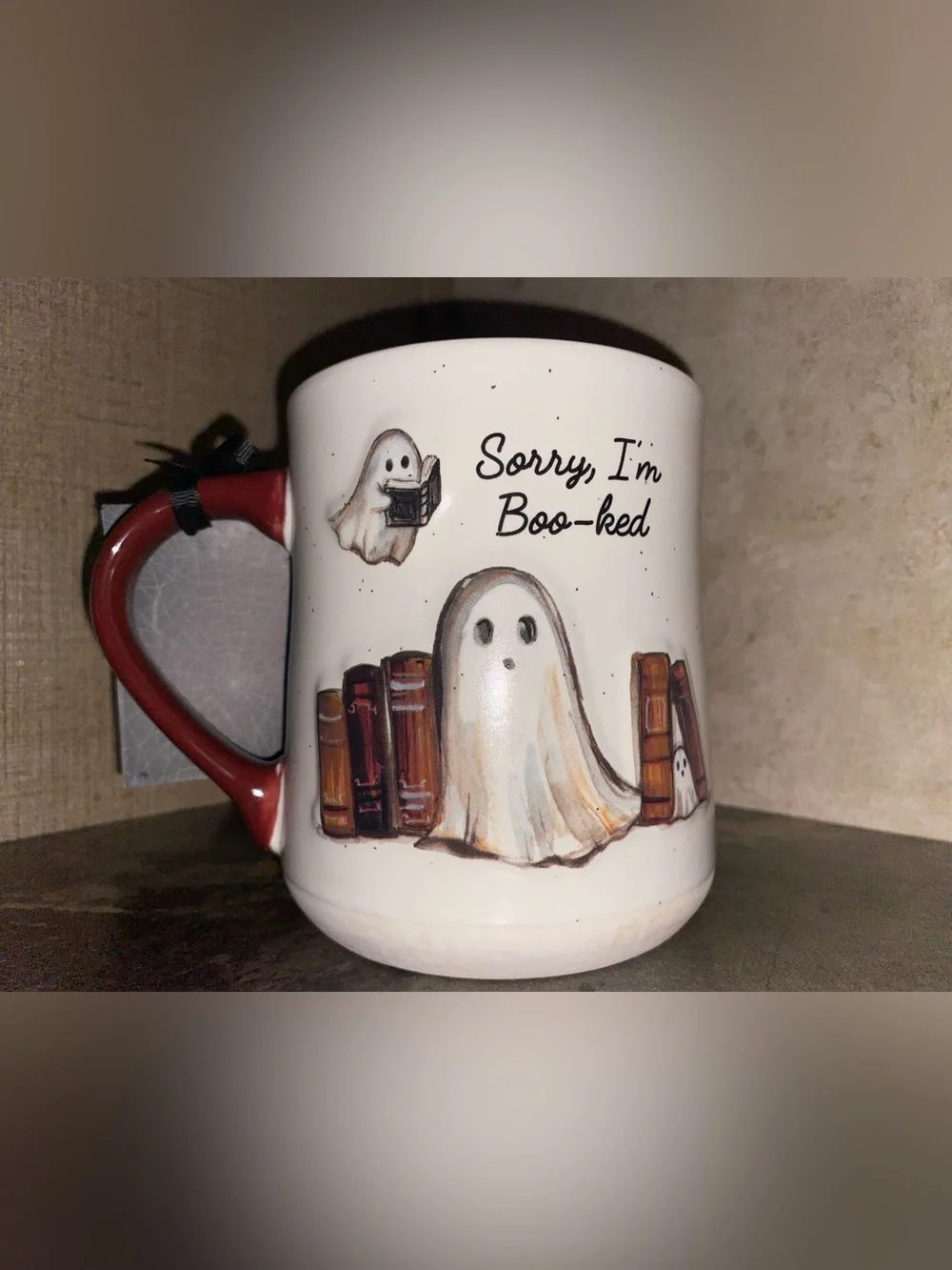 Sorry I'm Boo-ked Halloween Ghost Mug - White with Brown Accents